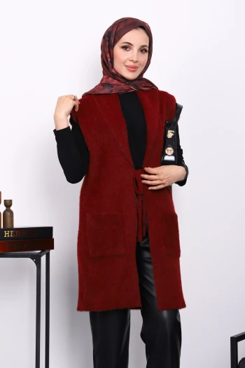 Bordo Ön Bağlamalı Cepli Angora Yumoş Yelek