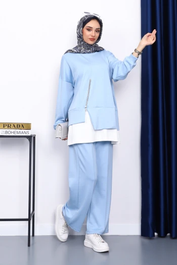Buz Mavi Fermuar Detaylı Modal Tunik Pantolonlu Takım