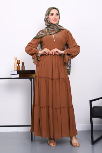 Camel Eteği Katlı Kol Bağlamalı Şifon Elbise