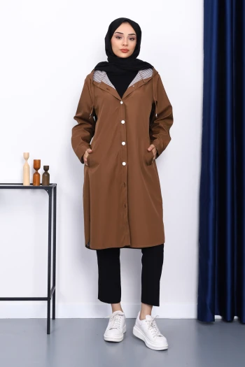 Camel Kapşonlu Düğme Detaylı Trençkot
