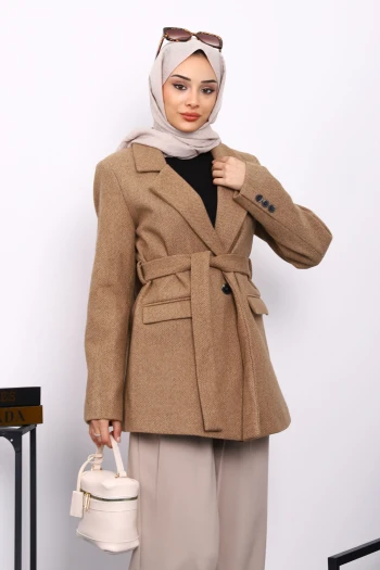 Camel Kuşaklı Astarlı Kısa Kaşe Kaban