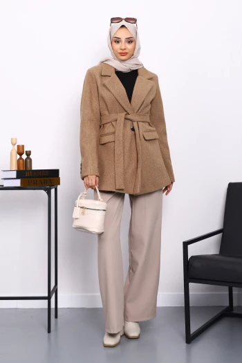 Camel Kuşaklı Astarlı Kısa Kaşe Kaban