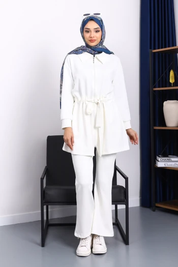 Ekru Bel Bağlamalı Modal Tunik Pantolonlu Takım