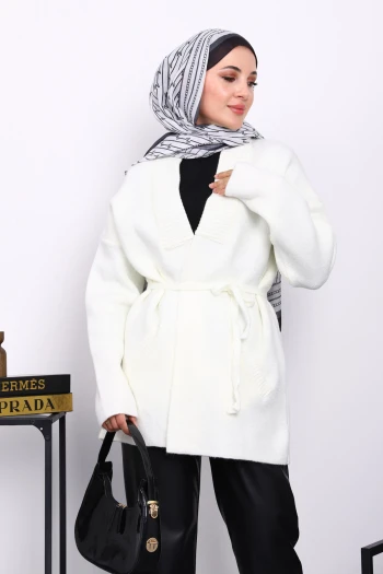 Ekru Bel Kuşaklı Cepli Triko Hırka