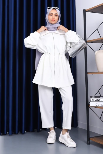 Ekru Bel Lastikli Tunik Pantolonlu Takım