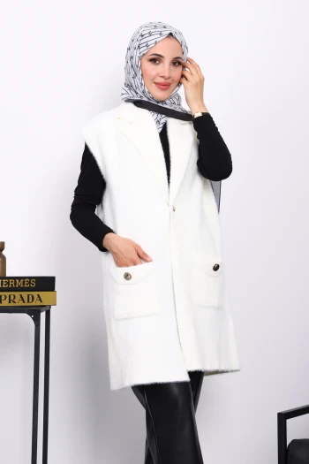 Ekru Cepli Uzun Angora Yumoş Yelek