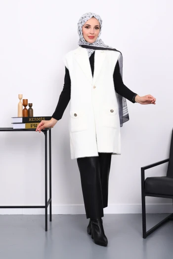 Ekru Cepli Uzun Angora Yumoş Yelek