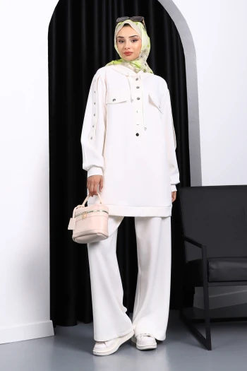 Ekru Çıtçıt Detaylı Tunik Pantolonlu Takım