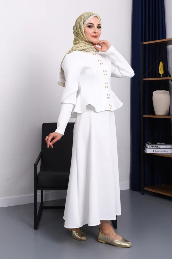 Ekru Crop Ceket Etekli Scuba Takım