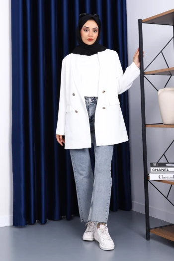 Ekru Düğmeli Kruvaze Yaka Krep Ceket