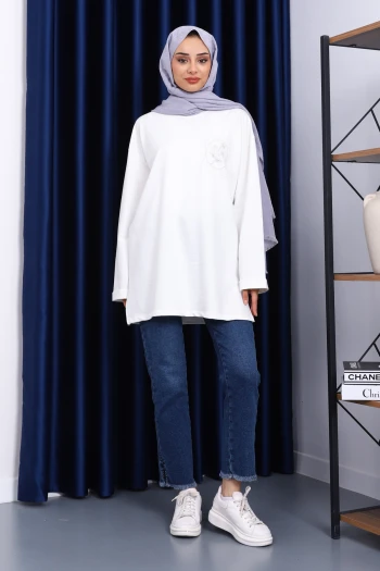 Ekru İşleme Detaylı Sweatshirt