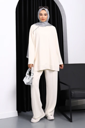 Ekru Taş Detaylı Tunik Pantolonlu Modal Takım