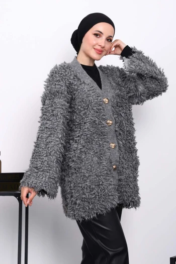 Füme Düğmeli Angora Hırka