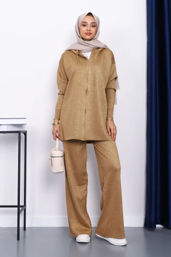 Gold Kapşonlu Simli Triko Takım