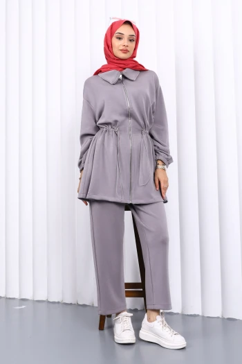 Gri Bel Lastikli Tunik Pantolonlu Takım