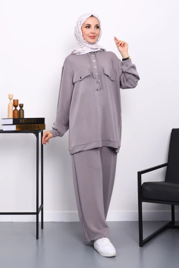 Gri Çıtçıt Detaylı Tunik Pantolonlu Takım