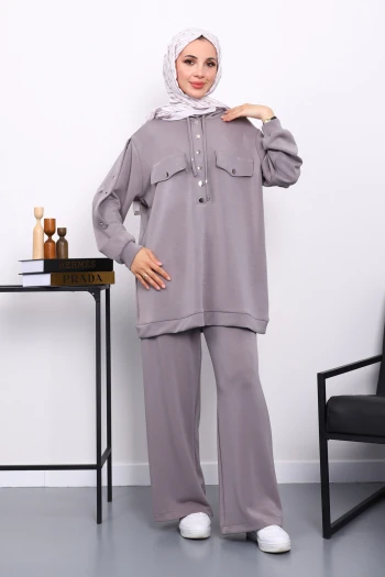 Gri Çıtçıt Detaylı Tunik Pantolonlu Takım