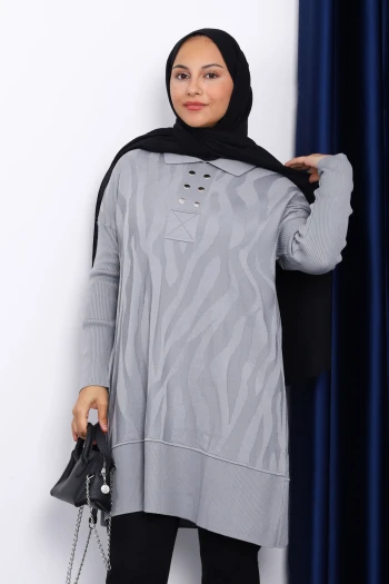 Gri Gömlek Yaka Soğık İplik Triko Tunik