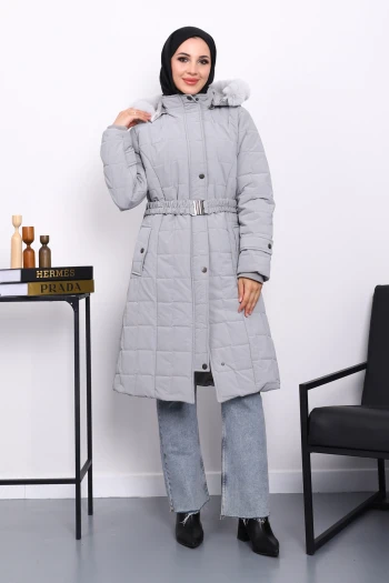 Gri Kapüşonu Kürklü Uzun Şişme Mont