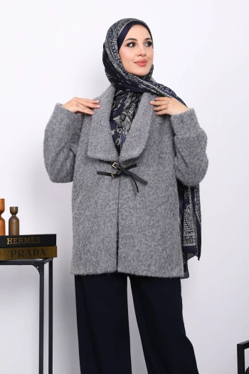 Gri Kemer Detaylı Süet Kaban