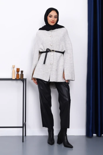 Gri Kemerli Şordonlu Triko Panço