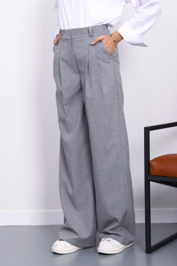 Gri Palazzo Krep Geniş Paça Pantolon