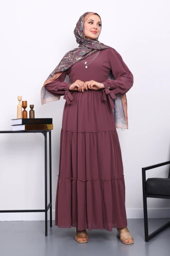 Gül Kurusu Eteği Katlı Kol Bağlamalı Şifon Elbise