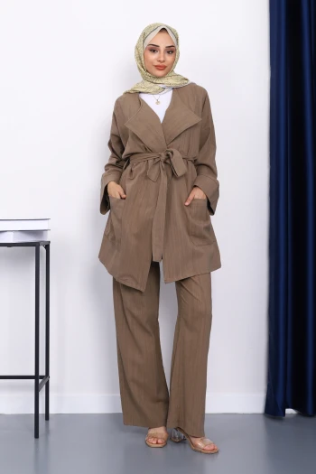 Haki Bel Kuşaklı Keten Kimono Pantolonlu Takım