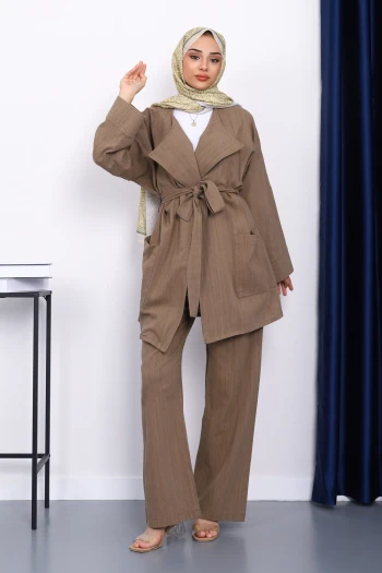 Haki Bel Kuşaklı Keten Kimono Pantolonlu Takım