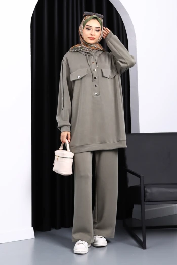 Haki Çıtçıt Detaylı Tunik Pantolonlu Takım