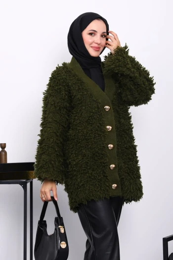 Haki Düğmeli Angora Hırka