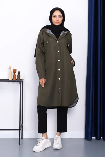 Haki Kapşonlu Düğme Detaylı Trençkot