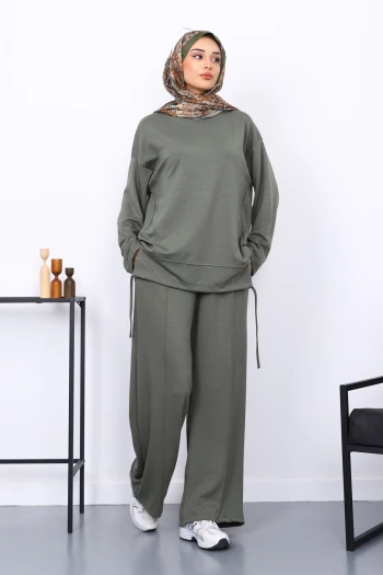 Haki Ön Detaylı Modal Tunik Pantolonlu Takım