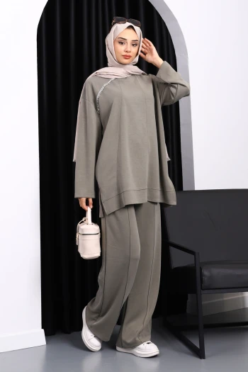 Haki Taş Detaylı Tunik Pantolonlu Modal Takım