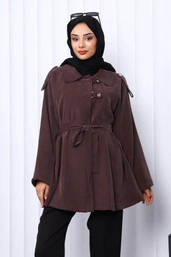 Kahverengi Apolet Detaylı Kuşaklı Trençkot