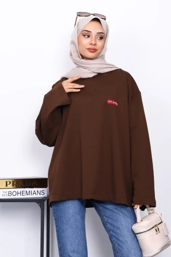 Kahverengi Bisiklet Yaka İki İplik Oversize Sweatshirt