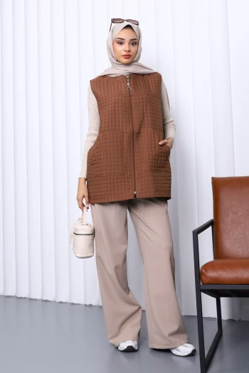 Kahverengi Kapitone Astarlı Yelek