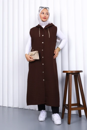 Kahverengi Kapüşonlu Kapitone Uzun Yelek