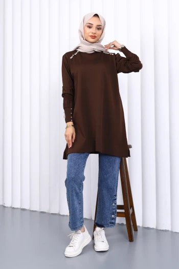 Kahverengi Omuz Taşlı Soguk İplik Triko Tunik