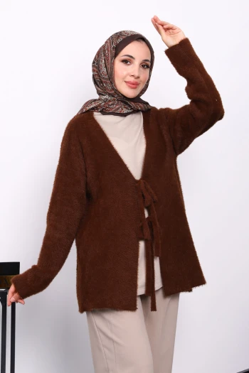 Kahverengi Ön Bağlamalı Angora Yumoş Hırka