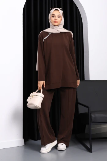 Kahverengi Taş Detaylı Tunik Pantolonlu Modal Takım