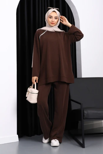 Kahverengi Taş Detaylı Tunik Pantolonlu Modal Takım