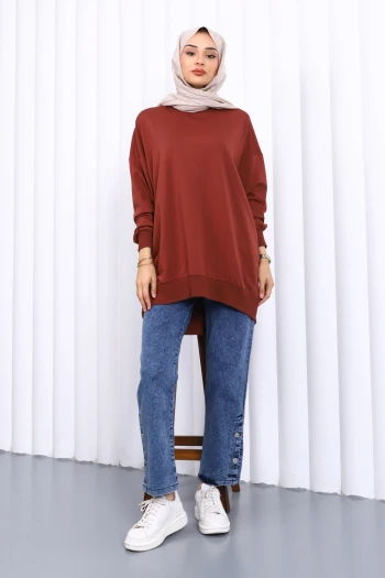 Kiremit Önü Kısa Arkası Uzun Oversize Sweatshirt