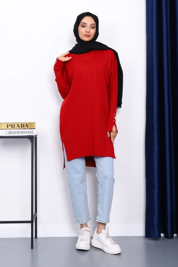 Kırmızı Önü Kısa Arkası Uzun Triko Tunik