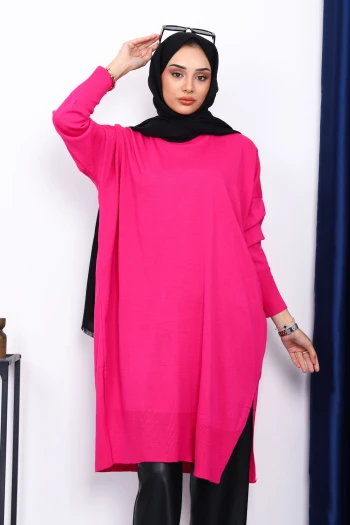 KOYU FUŞYA Bisiklet Yaka Merserize Salaş Triko Tunik