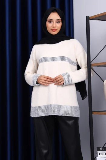 Krem Bisiklet Yaka Çizgili Angora Yumoş Triko Kazak