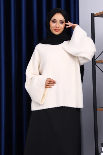 Krem Bisiklet Yaka Oversize Sakal Triko Kazak