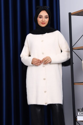 Krem Düğmeli Angora Yumoş Triko Hırka