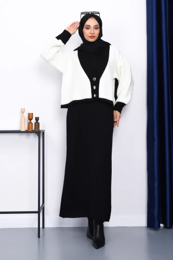 Krem Düğmeli Triko Hırka Elbiseli İkili Kombin