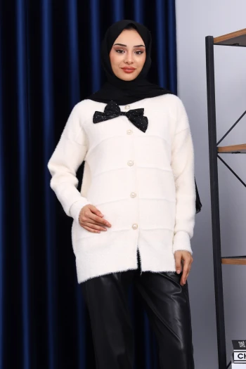 Krem Fiyonk Detaylı Angora Yumoş Triko Hırka